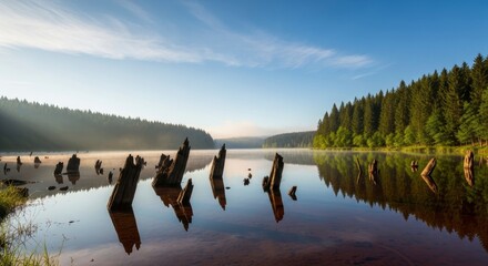 Serene morning mist over a tranquil lake, featuring ancient tree stumps and a dense forest reflecting in the calm, sun-kissed water.