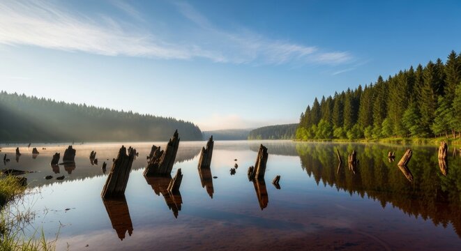 Serene morning mist over a tranquil lake, featuring ancient tree stumps and a dense forest reflecting in the calm, sun-kissed water.