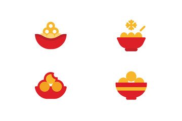 Four red bowls filled with yellow round objects decorative elements food