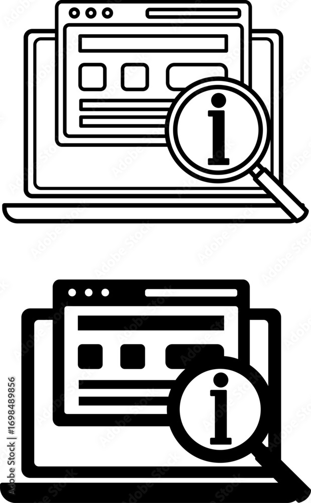 Poster information retrieval icons. black and white vector illustration. laptop, application, and informati