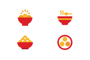 Four red bowls with yellow food items festive elements round