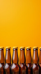 Refreshing Beer Bottles Ready for Celebration Bright Yellow Background Product Photography Indoor Setting Close-Up Beverage Concept