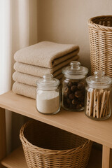 Natural Laundry Shelf with Folded Towels and Eco-Friendly Cleaning Products
