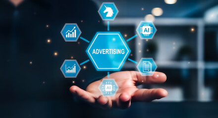 Fototapeta premium Digital advertising strategy infographic with icons representing ai, analytics, and chess piece for strategic planning, hovering over a hand