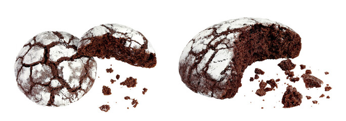 Chocolate brownie cookie isolated on white background. Top view. Flat lay