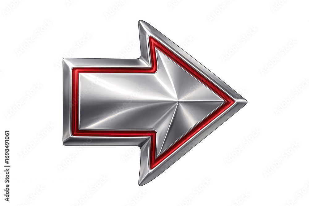 Poster metallic silver arrow with crimson border directing rightward, indicating navigation or emphasizing 