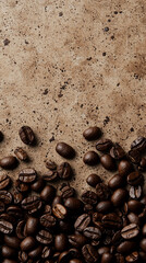 Roasted coffee beans scattered along the bottom of a speckled stone surface, creating a rustic, textured background with ample copy space