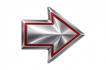 Metallic silver arrow with crimson border directing rightward, indicating navigation or emphasizing key details against transparent backdrop