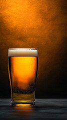 A chilled pint of golden beer with a foamy head sits on a dark surface, backlit by warm amber light with tiny bubbles rising in the glass.