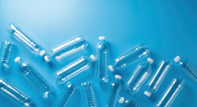 Clear plastic water bottles scattered on a vibrant blue background, symbolizing plastic waste and the urgent need for recycling and environmental p...