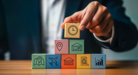 Businessman stacking colorful blocks with icons representing travel, location, warehouse, and business growth, symbolizing logistics and planning