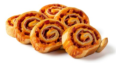 Delicious golden pizza rolls filled with cheese and pepperoni, baked to perfection and ready to serve as a tasty snack or appetizer on a white back...