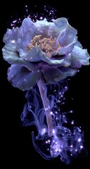 A delicate, luminous flower, bathed in ethereal light and smoke, stands out against a dramatic black background.