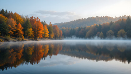 Fototapeta premium Autumn lake with colorful trees reflecting in calm water and early morning mist