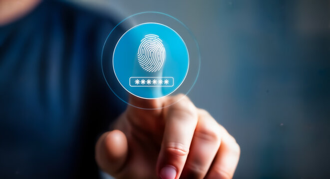 Fingerprint scan and password input for secure digital identity verification and biometric authentication, representing cybersecurity and personal data protection