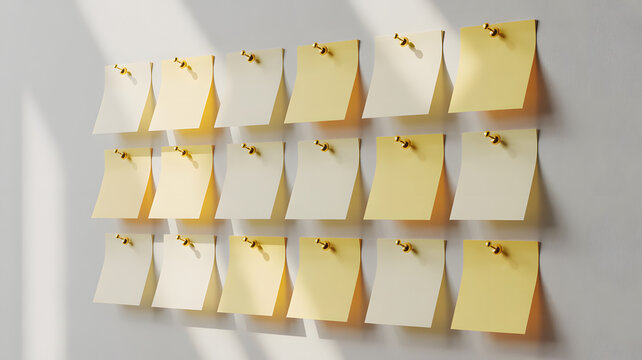 Sticky Note Grid: A collection of organized sticky notes, neatly arranged, pinned to the wall. This image captures a sense of structure, organization, and visual appeal.