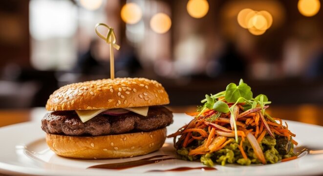 Gourmet beef burger with cheese and red onion, served with a vibrant fresh side salad on a white plate in a warm restaurant setting.