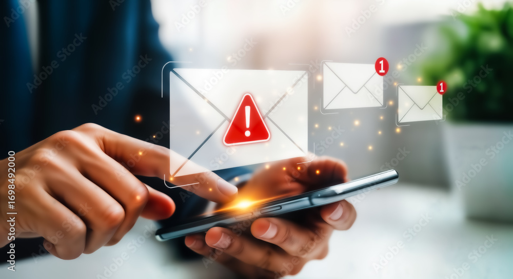 Poster person using smartphone to check email notification with a red warning sign on the envelope, concept