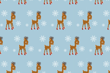 Christmas Reindeer Seamless Pattern swatch available in swatches panel, Cute Holiday Winter Design with Snowflakes and Deer