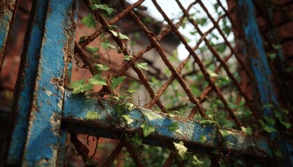 Rusty blue metal fence overtaken by green vines