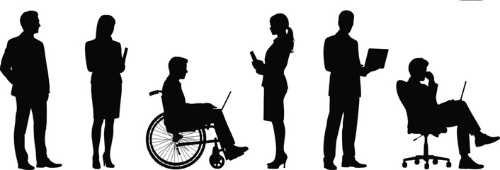 Silhouettes of diverse business professionals including wheelchair user, working with laptops, documents, standing and sitting, teamwork, inclusion, office environment