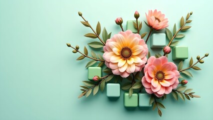 Obraz premium Floral arrangement with gears and leaves on a light blue background in a decorative display