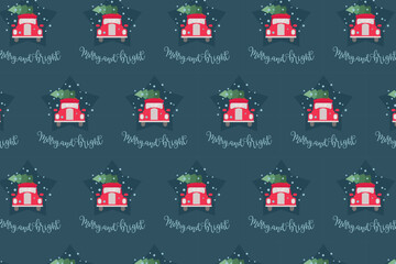 Christmas Red Car Seamless Pattern, Santa Truck, swatch available in swatches panel, Festive Holiday Winter Design with Merry and Bright Text