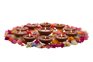 Symmetrical arrangement of lit earthen diyas and colorful flower petals creating a warm and inviting ambiance transparent background