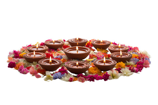 Symmetrical arrangement of lit earthen diyas and colorful flower petals creating a warm and inviting ambiance transparent background
