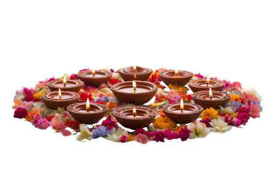 Symmetrical arrangement of lit earthen diyas and colorful flower petals creating a warm and inviting ambiance transparent background - Powered by Adobe