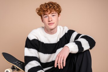 Young man with curly red hair, wearing a striped sweater, is sitting casually with a skateboard beside him, showcasing a relaxed and confident demeanor in a minimalist setting