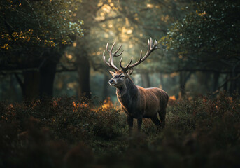 Majestic red deer stag stands proudly in a forest clearing, illuminated by dappled sunlight filtering through the trees.