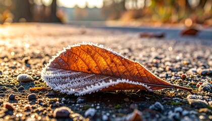 A frosted autumn leaf rests on a gravel path, illuminated by the morning sun.