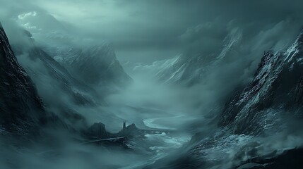 Obraz premium A lone figure stands in a misty mountain valley, surrounded by towering peaks and turbulent waters, creating a sense of isolation and wonder