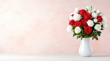 Naklejka premium Beautiful bouquet of red and white roses in a white vase against a soft pink background, perfect for celebrating love and special occasions and adding warmth to spaces
