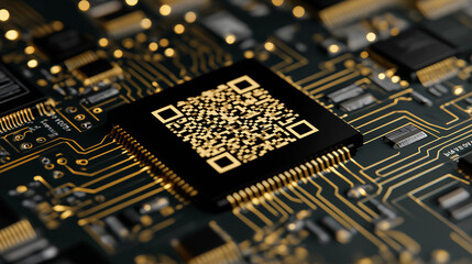 Close-Up of Microchip with QR Code on Circuit Board
