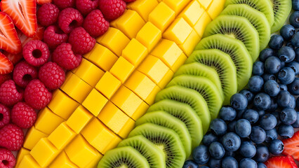 Vibrant assortment of fresh fruits arranged in colorful rows