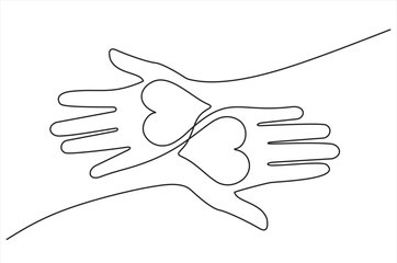 Obraz premium Continuous one line drawing. Abstract hands woman and man holding heart. Hand drawn one line vector. Editable stroke