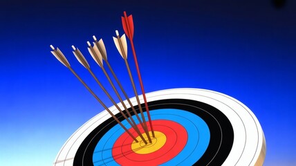 Illustration of a target with several arrows hitting the bullseye. One red arrow stands out among the others, symbolizing success and precision.