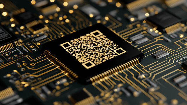 Close-Up of Microchip with QR Code on Circuit Board
