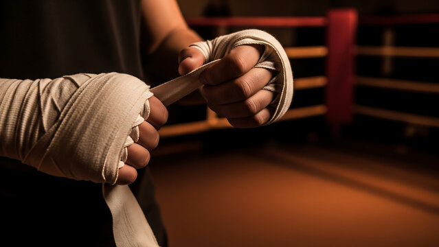 Boxer wrapping hands with tape in a dimly lit boxing ring