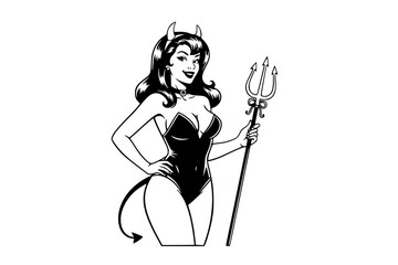 Halloween Pin-Up Girl Devil SVG – Vintage Pinup Girl in Devil Costume Illustration, Sexy Halloween T-Shirt Design for Cricut and Silhouette Cutting Machines