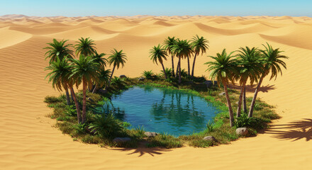 Desert oasis with palm trees and water