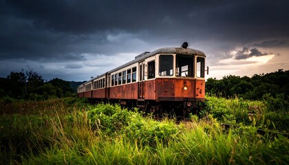 Fototapeta premium Abandoned train in a field under a dramatic sky