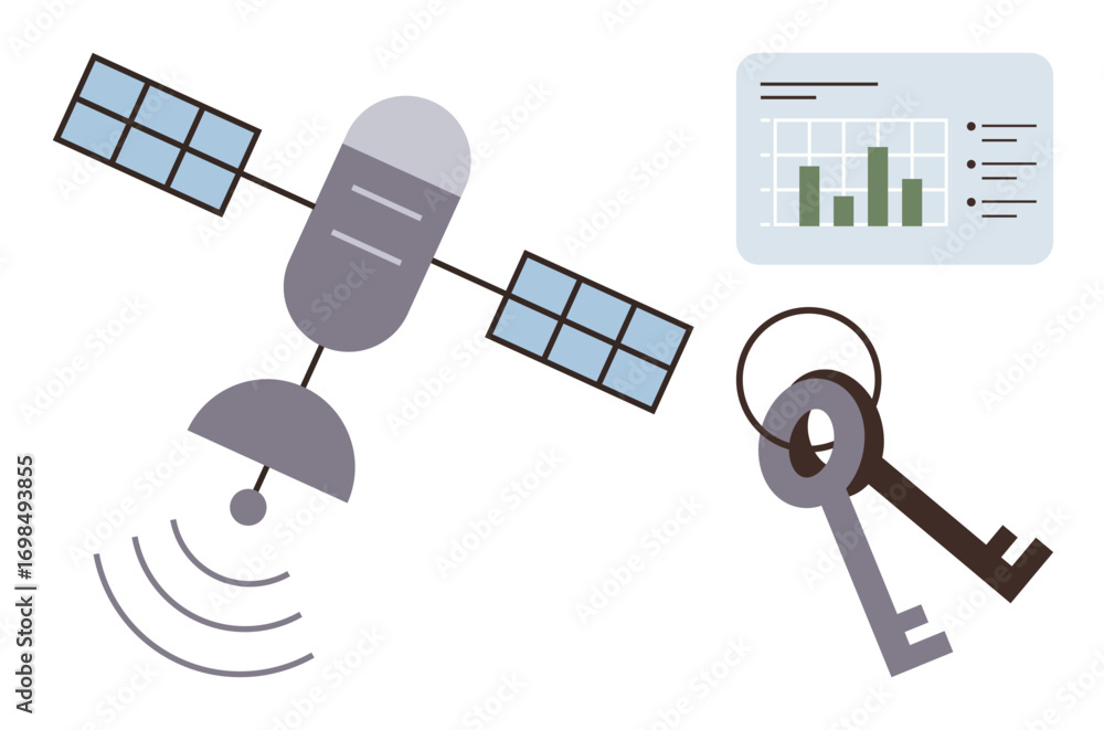 Poster satellite transmitting signals, data analytics chart, and keys for technology, security, space explo