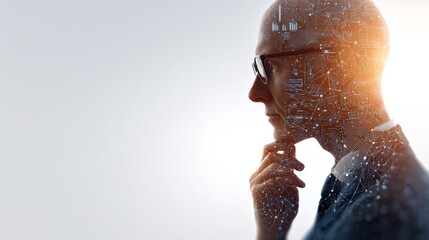 Thoughtful businessperson wearing glasses, pondering artificial intelligence and machine learning, with digital circuit network visualized inside thinking mind against light background