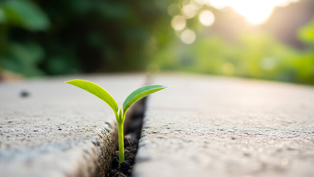 Tiny green sprout growing through a crack in concrete pavement