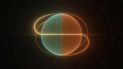 Abstract illustration of a sphere divided in half with teal and orange and surrounded by glowing rings, likely for stock content. It is labeled as an "illustration".