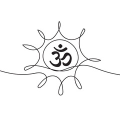 Indian sacred sound Om or Aum against the sun. Symbol of the divine triad of Brahma, Vishnu and Shiva. Sign of the ancient mantra.