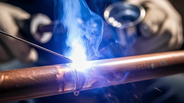 Solder wire melting smoothly around a copper pipes pinhole leak during emergency plumbing maintenance indoors.